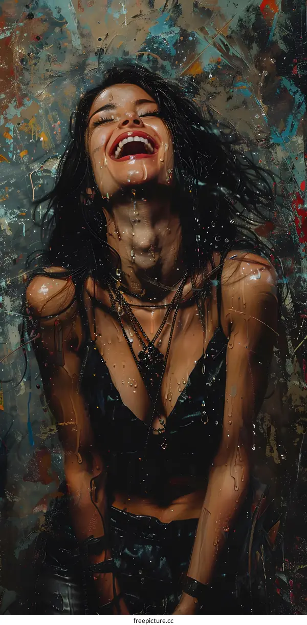 A Woman With Wet Hair and Black Leather Clothing Smiling Joyfully