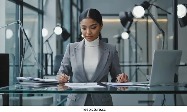 Focused Businesswoman Working on Documents in Modern Office