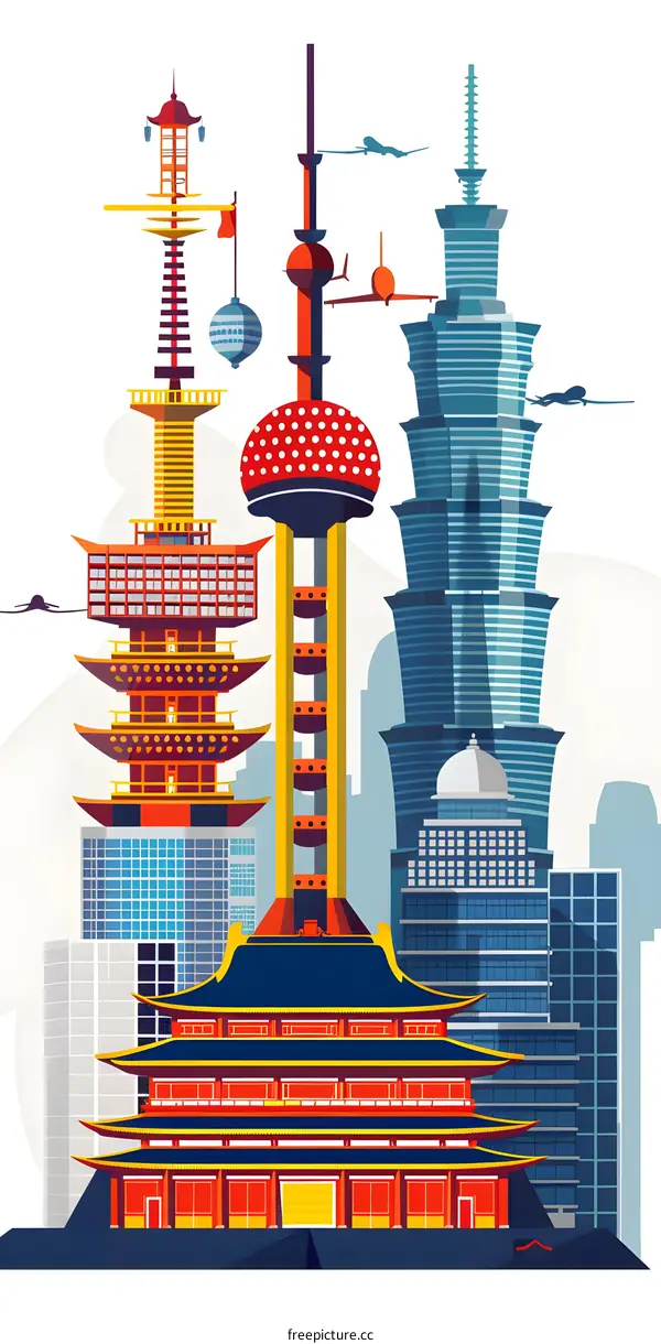 Asian Architecture Illustration With Buildings and Towers