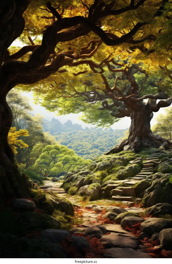 fantasy forest path with stone steps