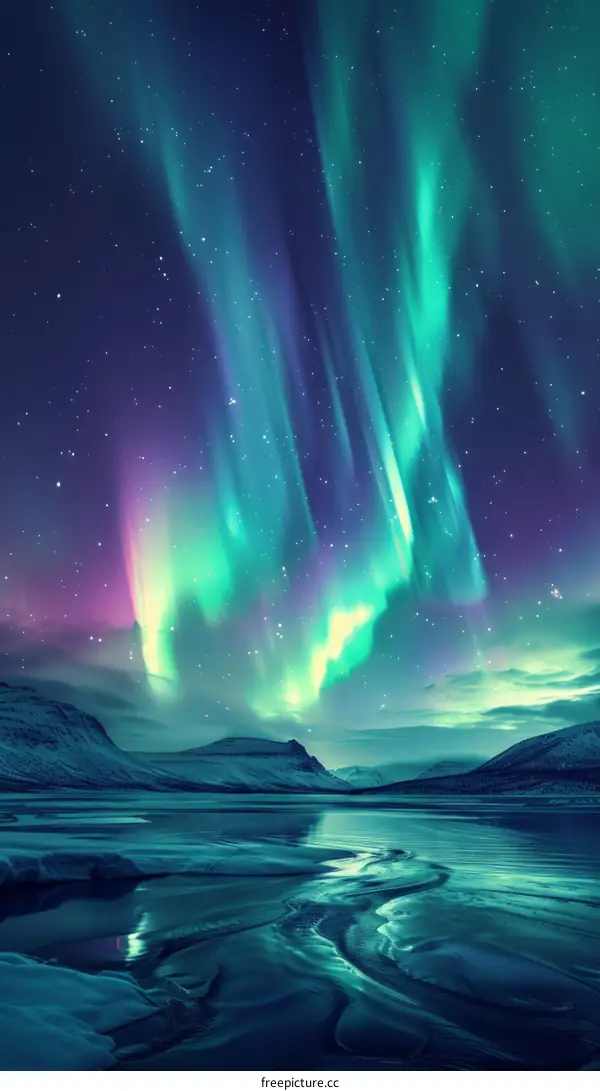Aurora borealis landscape with mountains and river reflecting the night sky