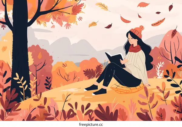 Autumn Reading Illustration with Woman in Forest