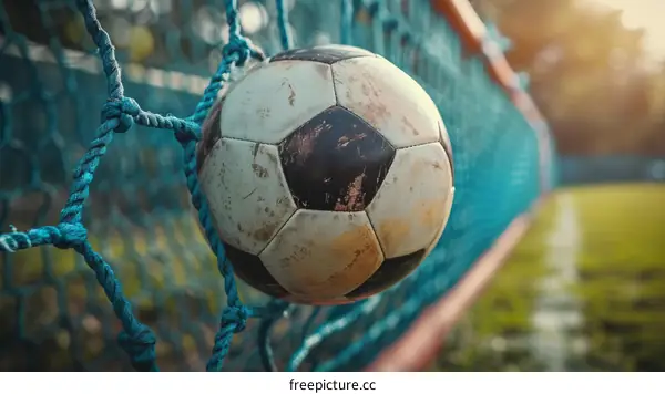 A close-up of a soccer ball in a goal net.