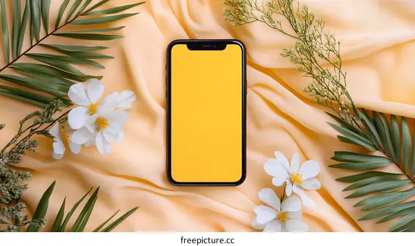 Flat Lay Phone Mockup with Flowers and Green Leaves on Peach Background
