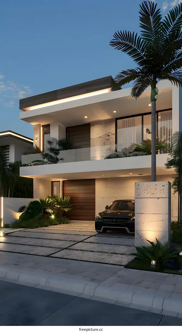 Modern House Design with Palm Trees and a Car