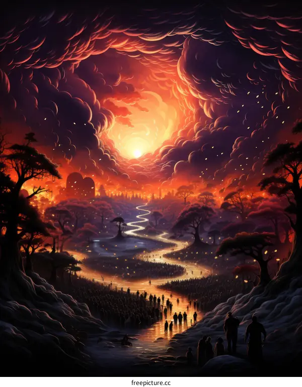 A crowd of people walking through a dark forest toward a bright light