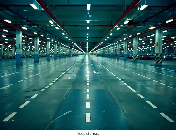 Empty Parking Garage With Fluorescent Lights