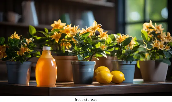 A table with a bottle of honey, two lemons and potted yellow flowers