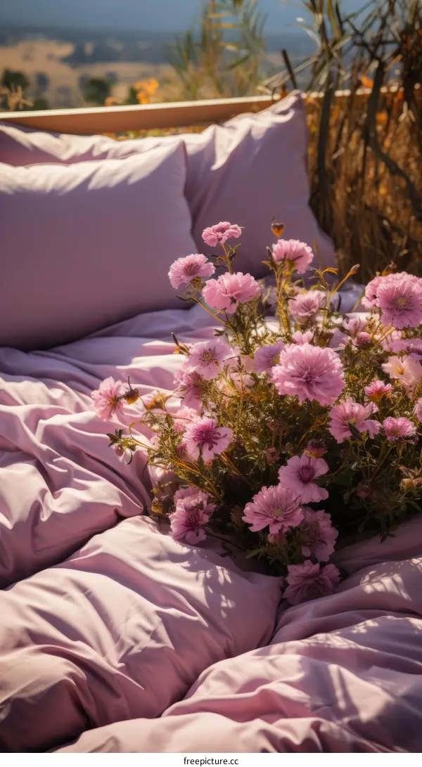 A beautiful bouquet of pink flowers on a bed