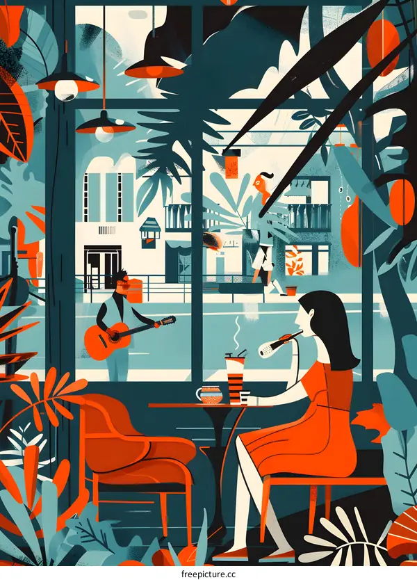 Woman Sitting In Cafe Drinking Coffee While Man Plays Guitar Outside