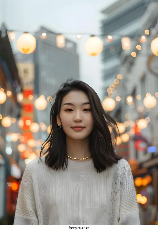 Young Woman In City With Festive Lights