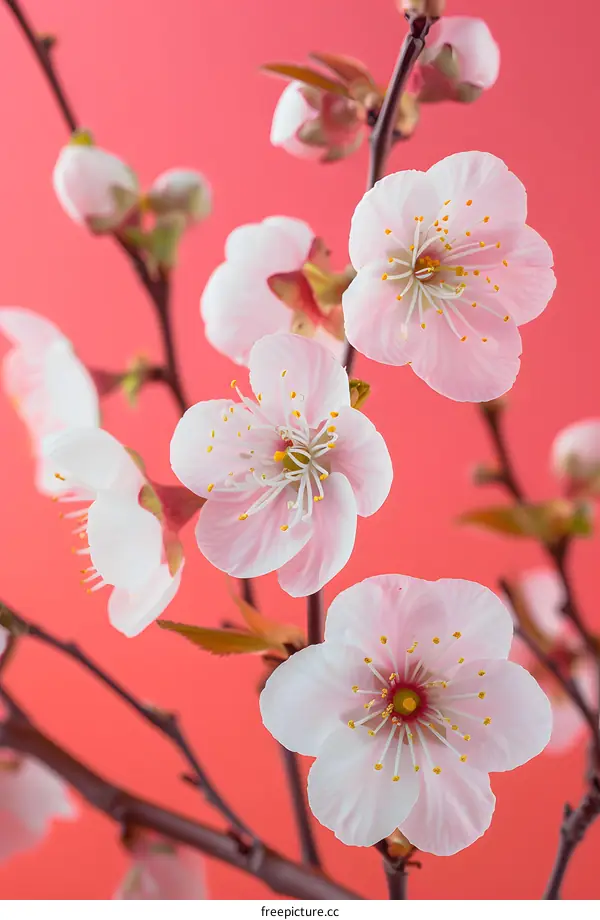 Pink Peach Blossom on Red Background