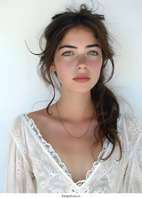 Beautiful Woman With Freckles Wearing a White Blouse