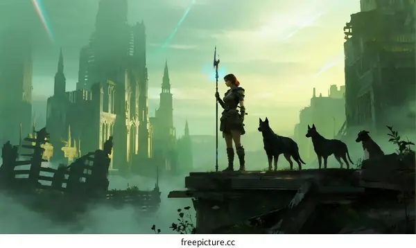 Female warrior with dogs standing on ancient city ruins