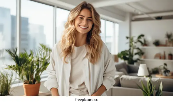Portrait of a smiling young woman standing in a modern living room