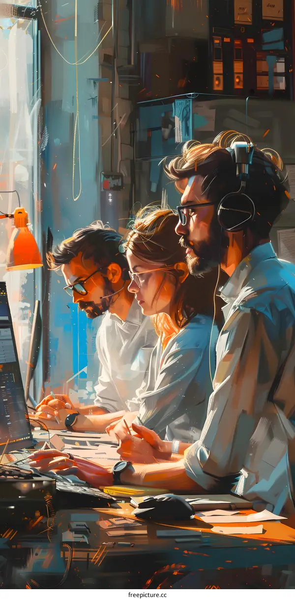 Three people in an office are working on a project.