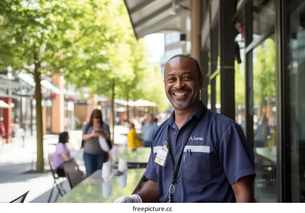 Portrait of a smiling African-American man in a blue uniform standing outside a restaurant
