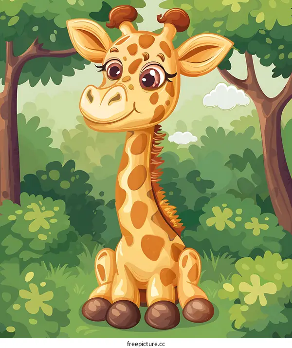 Cute Giraffe Cartoon Illustration In The Jungle