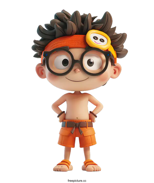 [Transparent Background PNG]Smiling Cartoon Boy Wearing Orange Shorts and Sunglasses