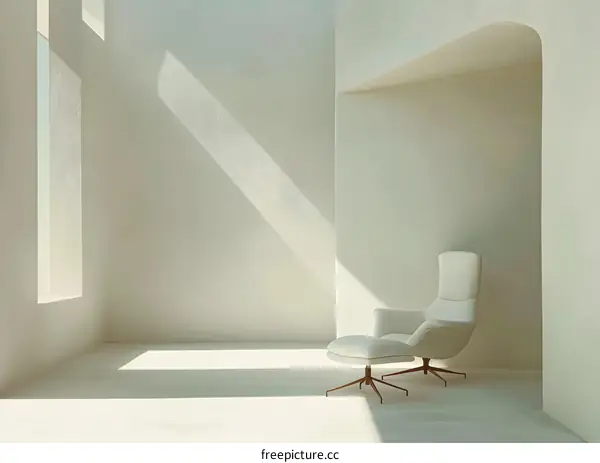 Minimalist White Room with a Comfortable Chair and Ottoman