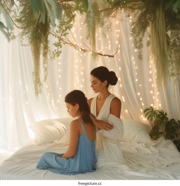 A mother is braiding her daughter's hair. The daughter is sitting on a bed. They are surrounded by white curtains and fairy lights.
