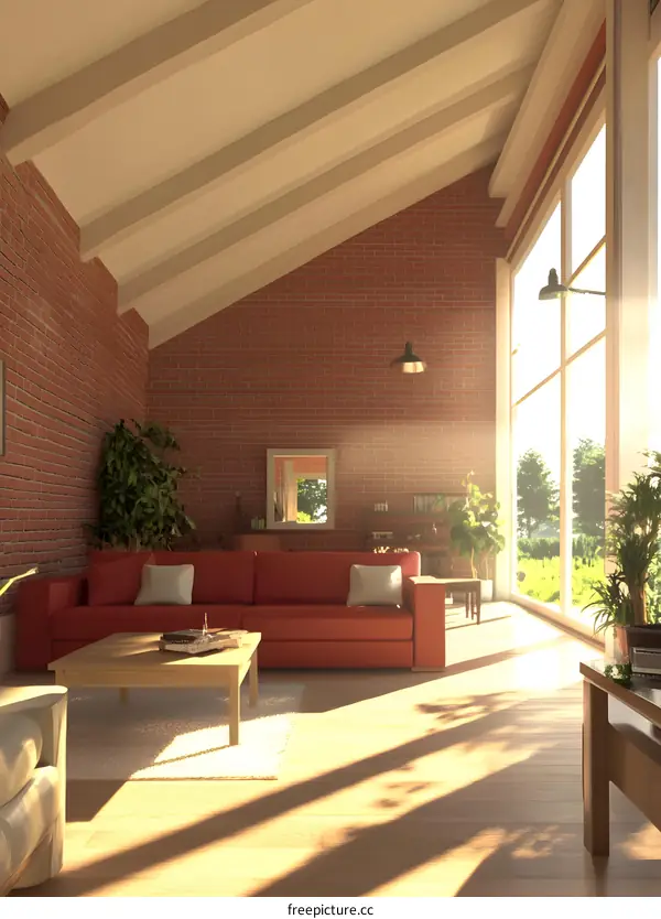 Modern Living Room With Red Sofa And Wooden Coffee Table