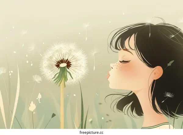 A girl blowing dandelion seeds on a green field