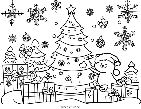 Christmas Tree Illustration With Bear and Gift