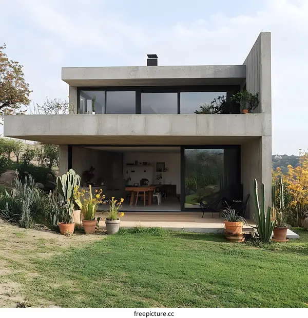 Modern Concrete House with Large Windows and Patio