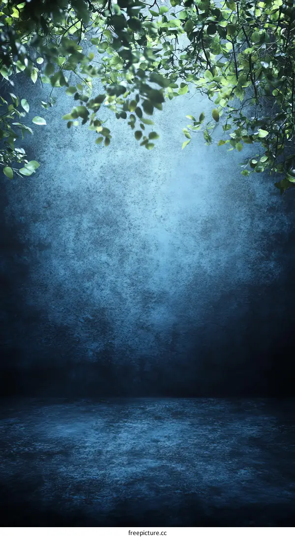 Dark Blue Empty Studio Background with Lush Foliage