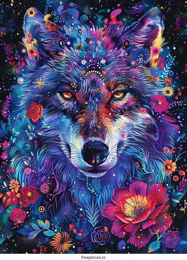 Colorful Wolf with Flowers Illustration