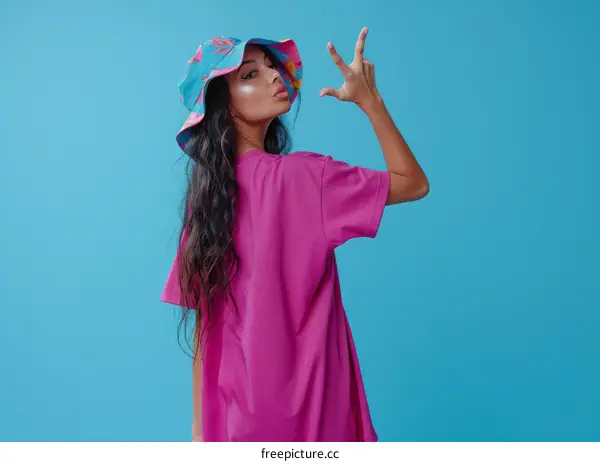 Young woman in a pink t-shirt and blue hat making a hand gesture
