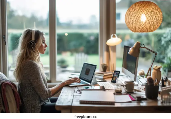 A young woman is working from home using a laptop and a desktop computer.
