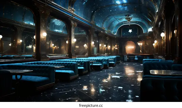 An empty vintage restaurant with blue and gold decor