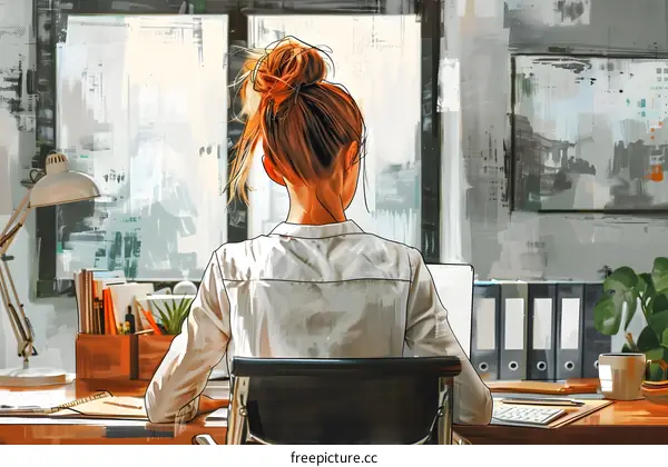 woman working at desk looking out window