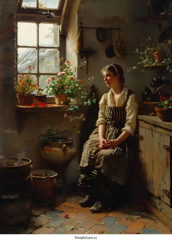 A Young Woman is Looking Out the Window