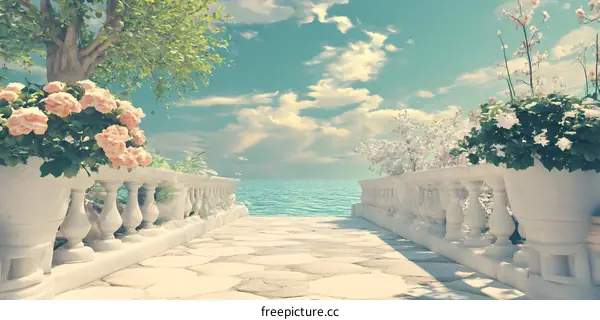 Stone Path leading to Sea, surrounded by Flowers and Balustrade