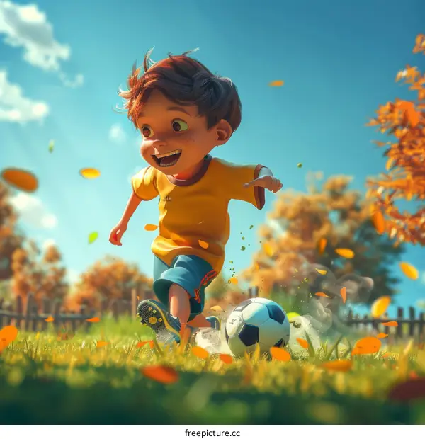 Boy Playing Soccer on Field in Autumn