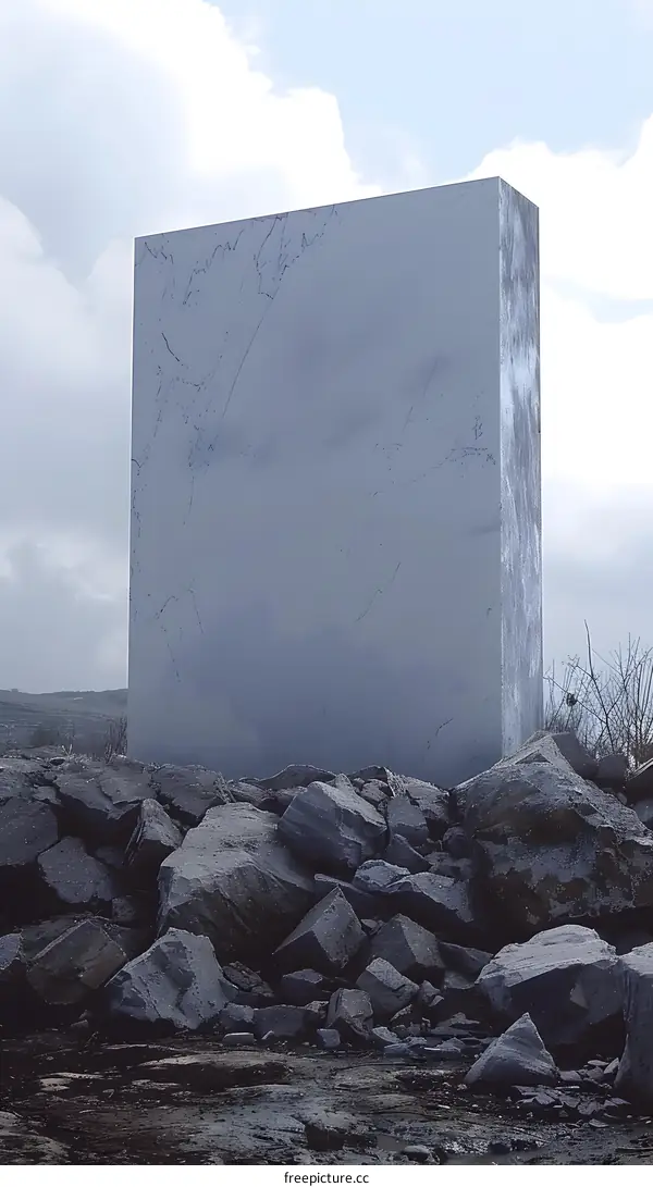 Gray Concrete Monolith Standing On Pile Of Rocks