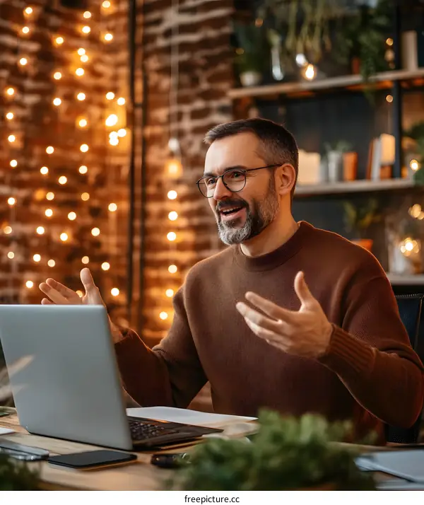 Excited Man Talking on Video Call in Office