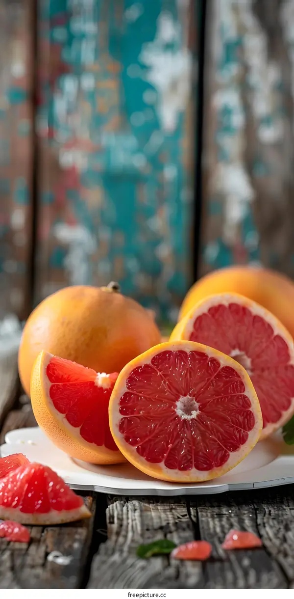 Fresh Red Grapefruit Slices on a White Plate