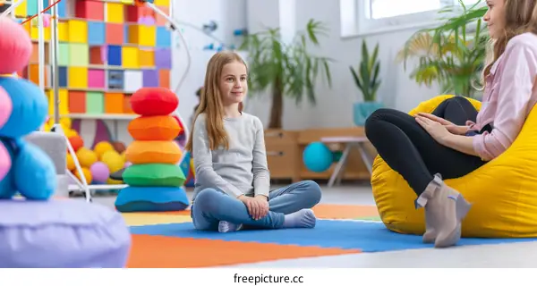 girl talking to therapist in playroom