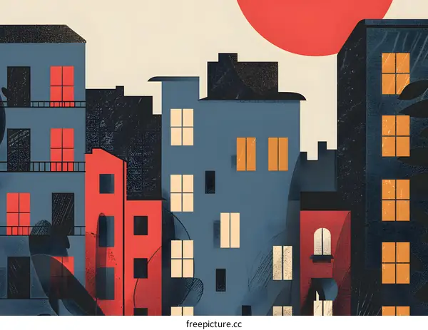 Abstract Cityscape Illustration with Red Sun
