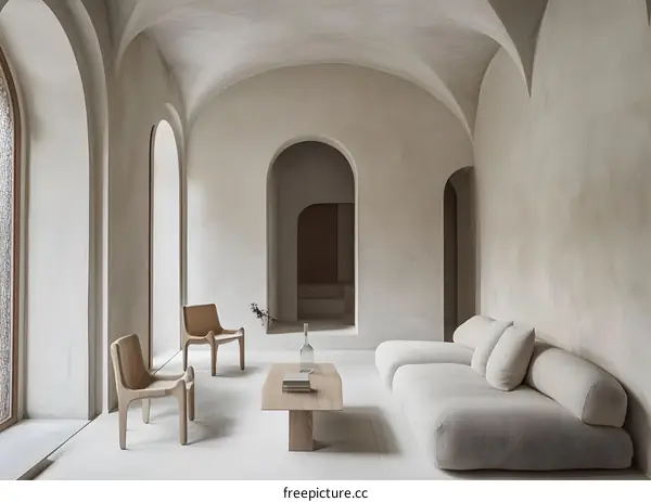 Modern Minimalist Living Room with Archways and Neutral Colors