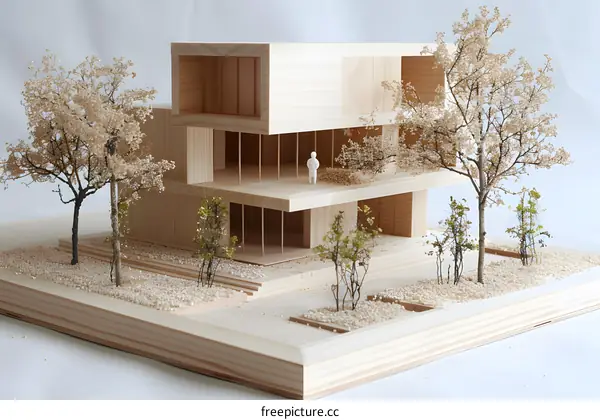 A wooden model of a modern house with white walls and a terrace