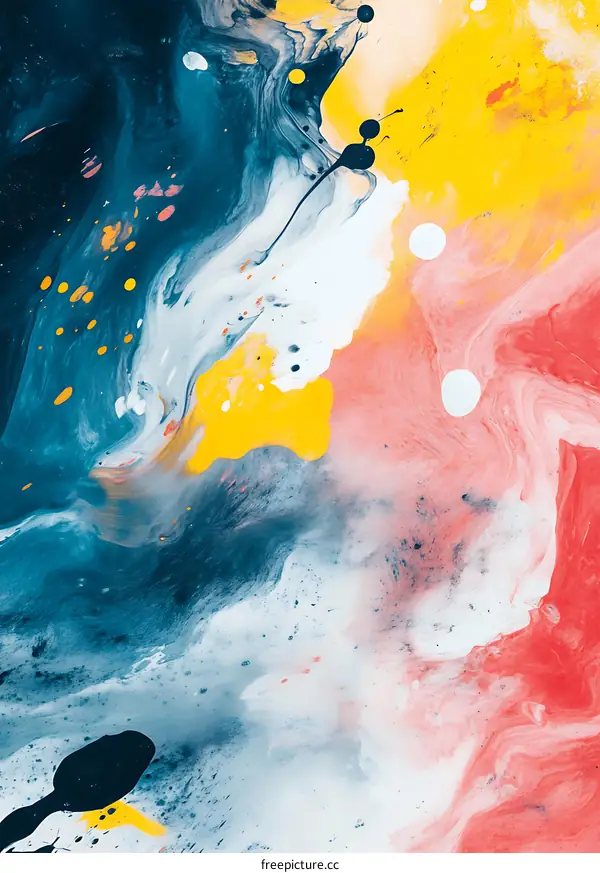 Abstract Acrylic Painting with Swirls of Blue, Red, White and Yellow