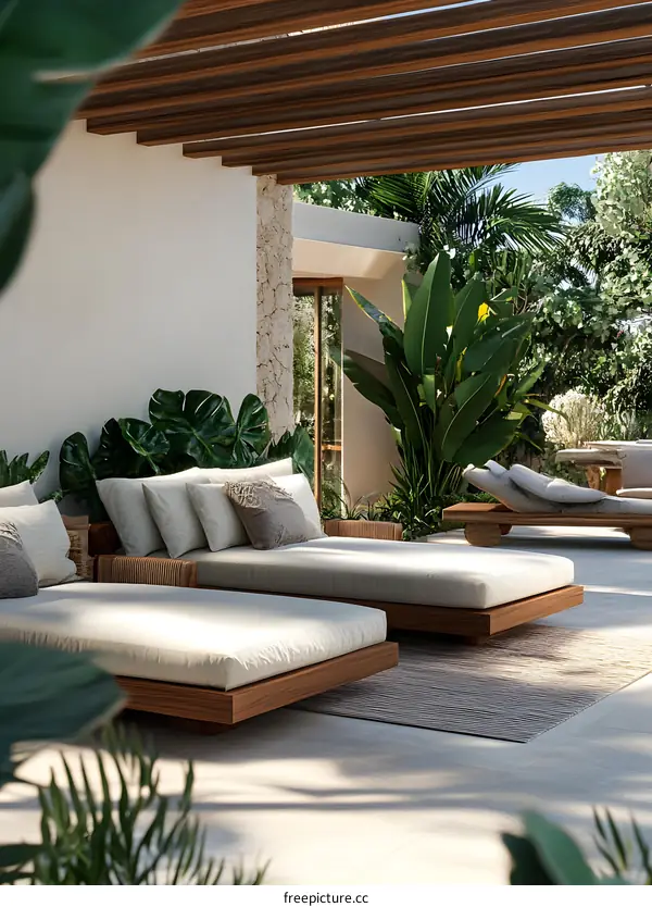 Modern Tropical Patio Design with Wooden Loungers and Greenery