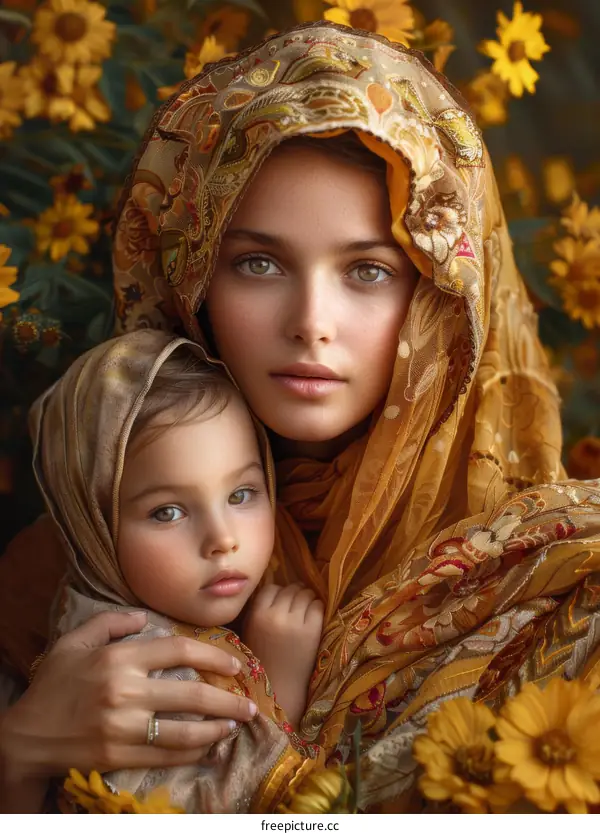 Mother and Daughter Portrait in Autumnal Colors