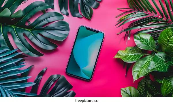 Green Leaves and Smartphone on a Pink Background