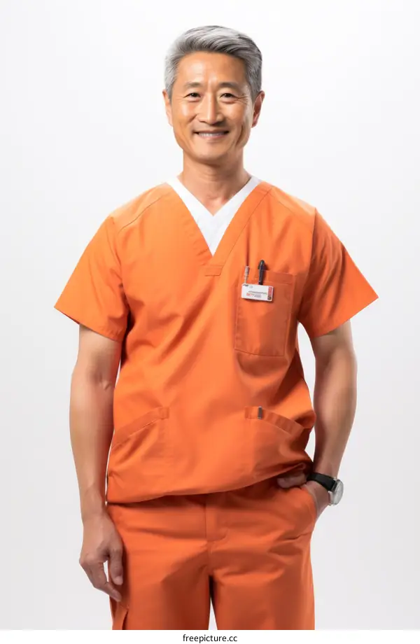 Portrait of a smiling Asian male doctor in orange scrubs